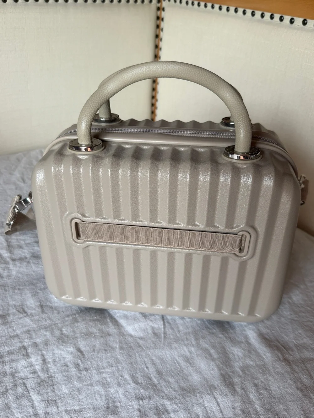 Textured Taupe Hard-Shell Cosmetic Case with Shoulder Strap